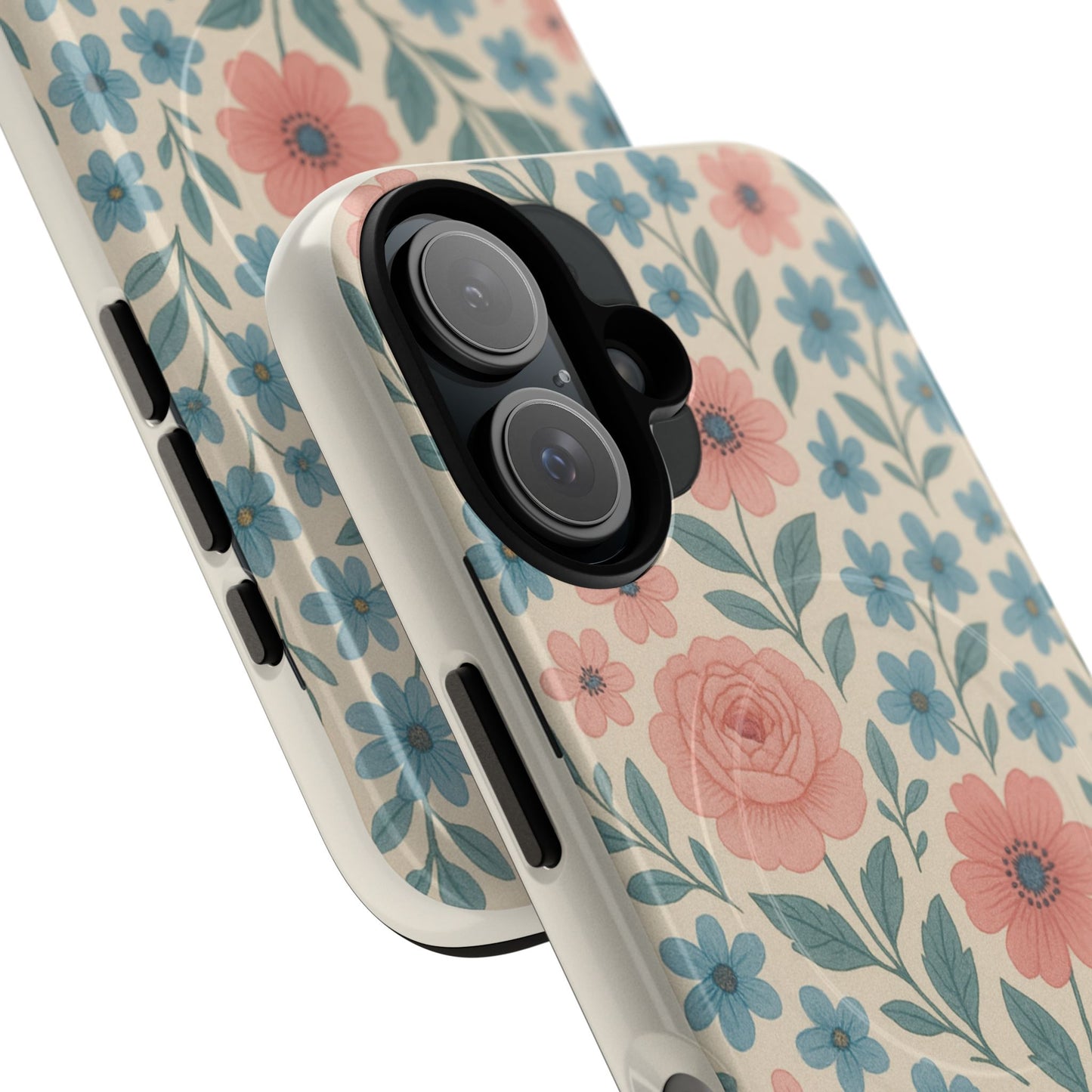 Floral Vintage Magnetic Phone Case — Pink Rose & Blue Blossom Tough Cover