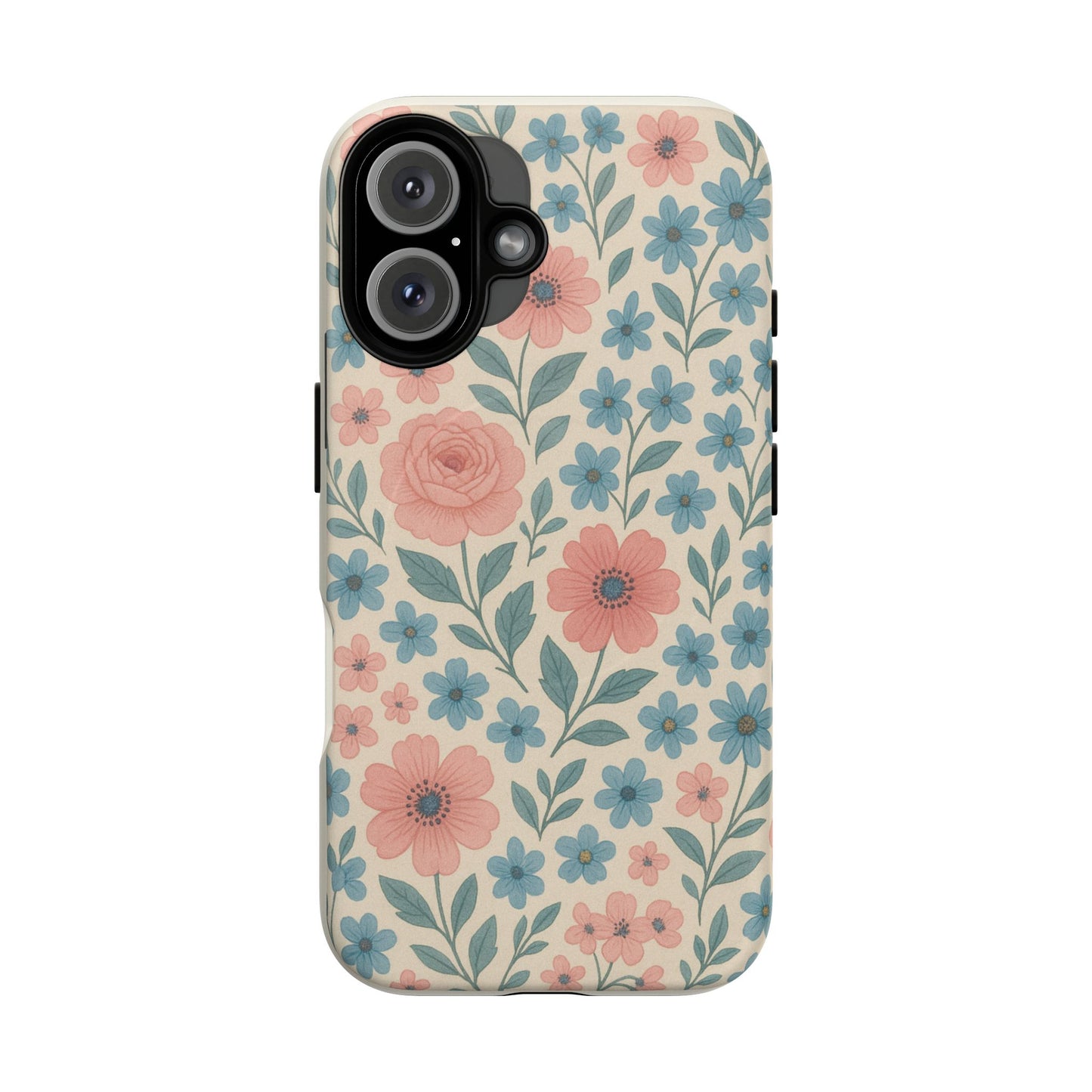 Floral Vintage Magnetic Phone Case — Pink Rose & Blue Blossom Tough Cover