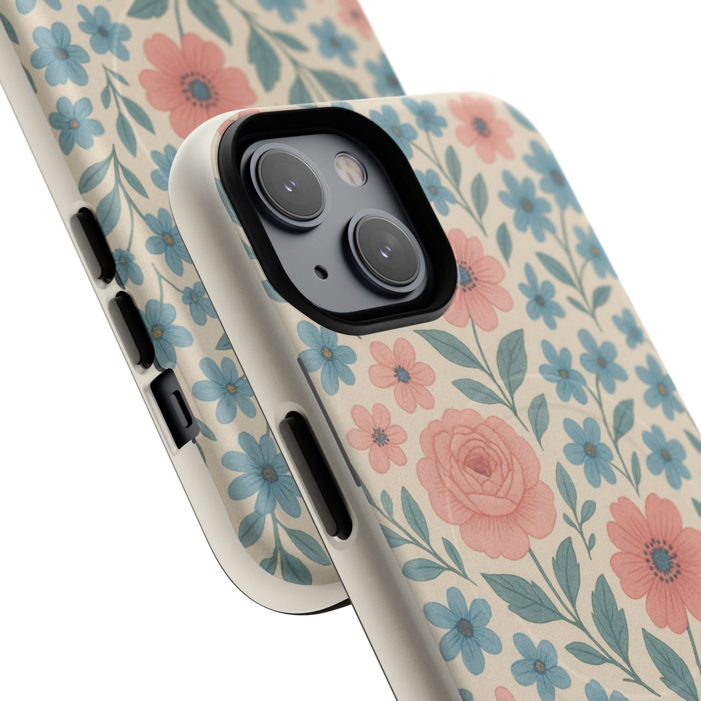 Floral Vintage Magnetic Phone Case — Pink Rose & Blue Blossom Tough Cover