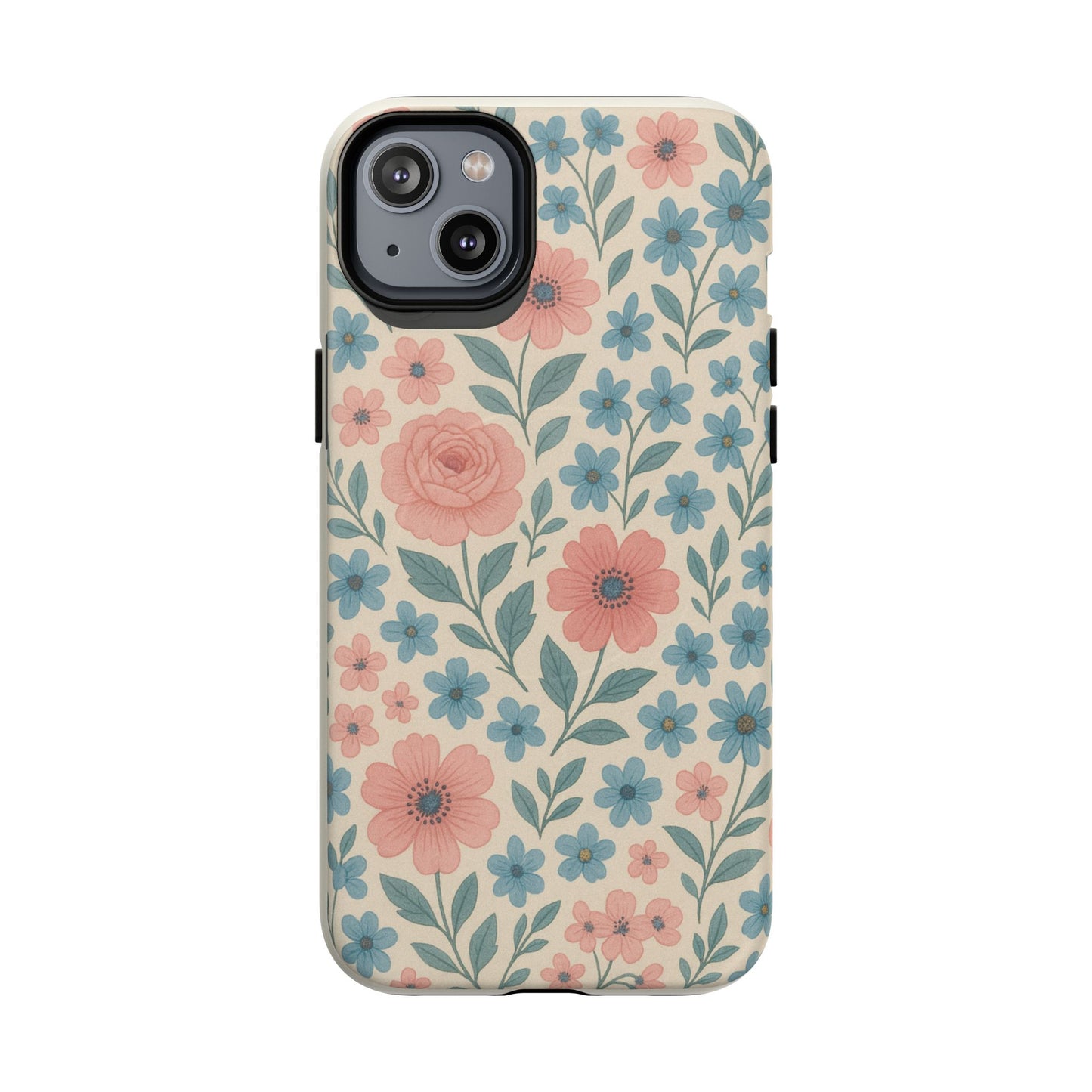 Floral Vintage Magnetic Phone Case — Pink Rose & Blue Blossom Tough Cover
