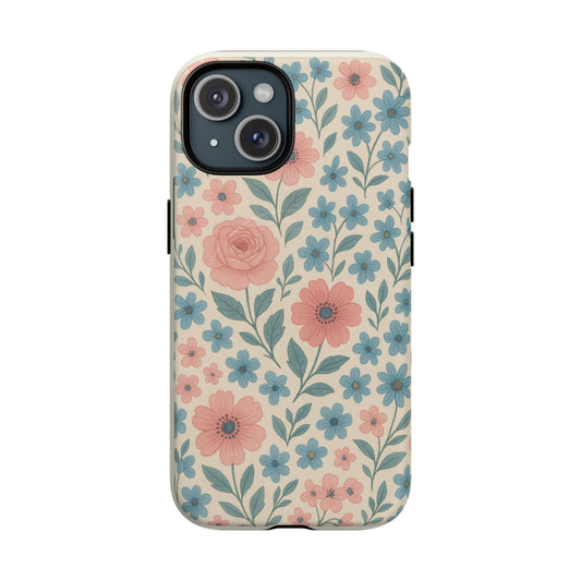 Floral Vintage Magnetic Phone Case — Pink Rose & Blue Blossom Tough Cover